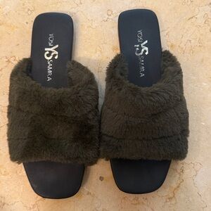Yosi Samra Nora Olive Green Faux Fur Furry Slippers Sandals Shoes Sz 8